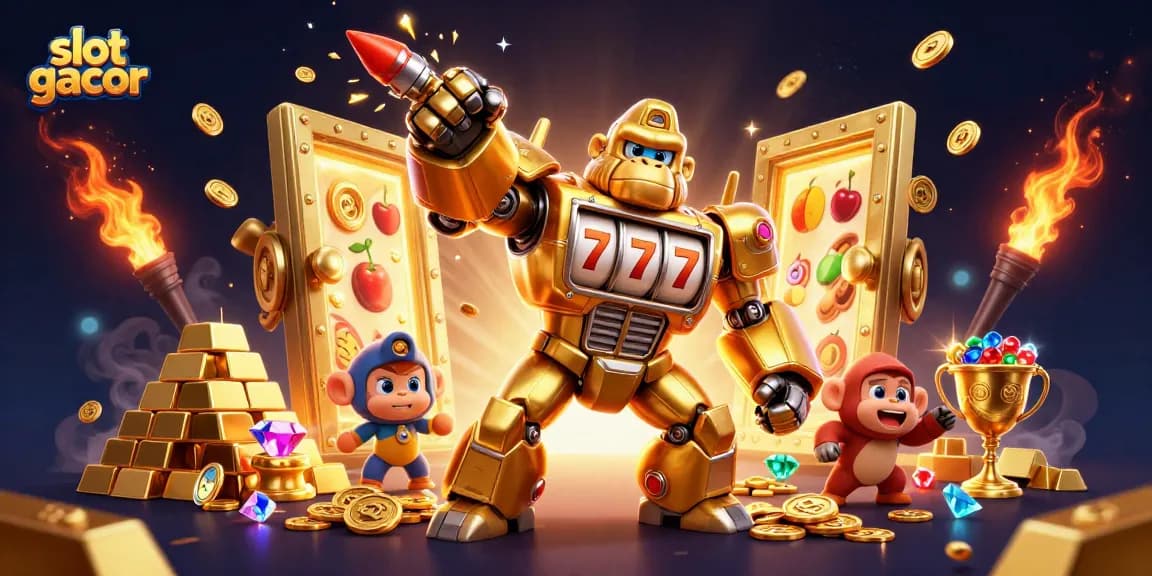 Engage with slot gacor excitement featuring a golden gorilla mech bursting coins in a lavish casino scene