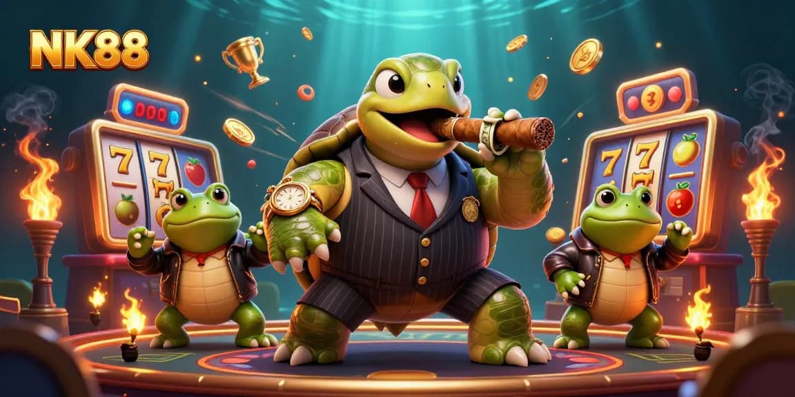 Experience the excitement of NK88 with a vivid 3D illustration of a mobster turtle and bullfrog enforcers at a slots casino.