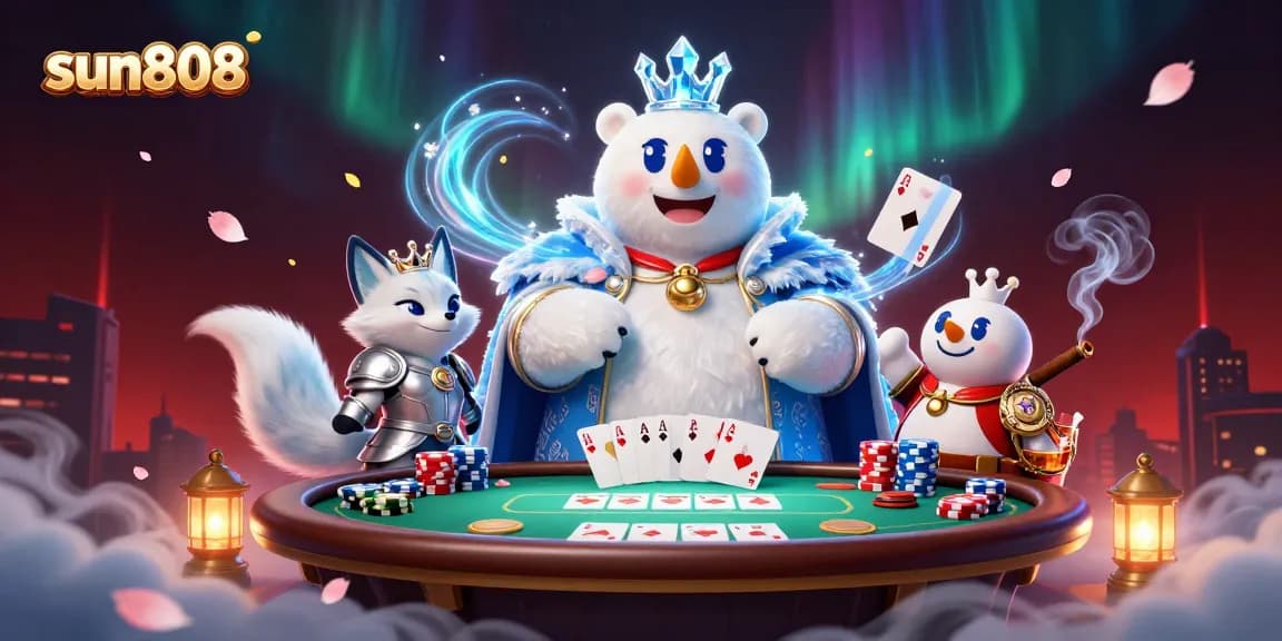 Experience thrilling winnings at sun808 with an exciting poker scene featuring the ice king and fox.