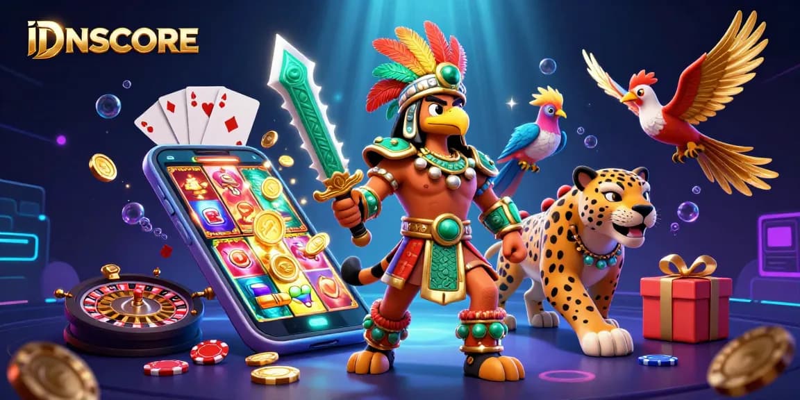 Experience the excitement with IDNSCORE, featuring a powerful Aztec eagle warrior and dynamic slot games.