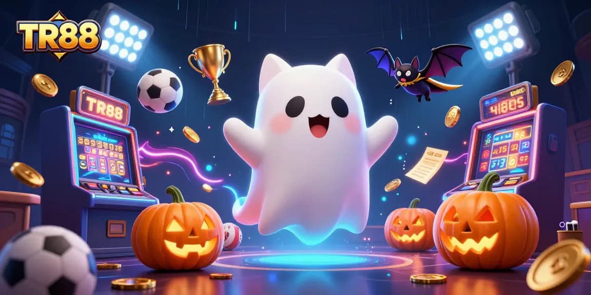 Engage with TR88's thrilling casino action featuring a ghost cat and vampire bat in a haunted casino setting.
