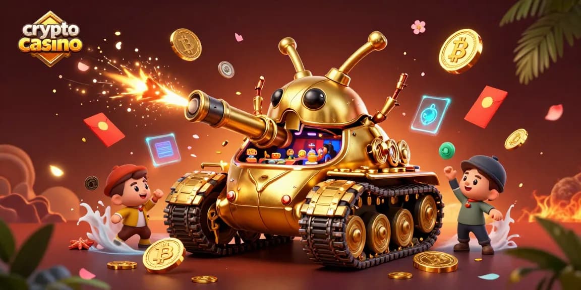 Gioca nel crypto casino con una sorprendente illustrazione 3D di una tanica dorata che svela un mini casinò.