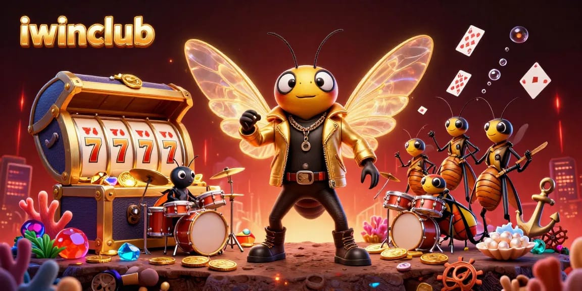 Win big at iwinclub with vibrant 3D casino scene featuring a rock star cicada and dynamic slot elements.