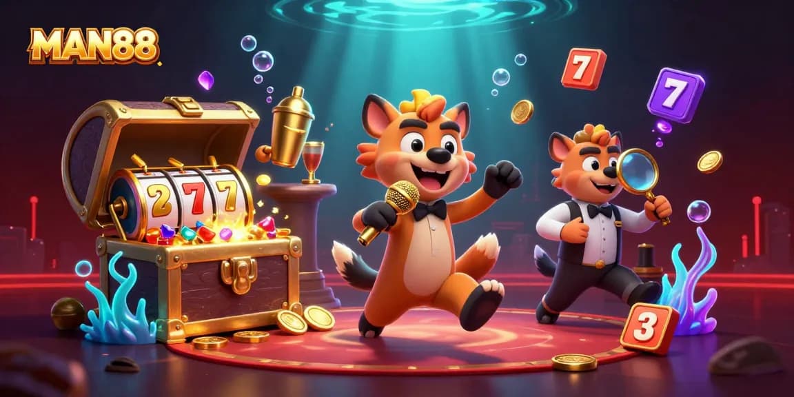 Engage with MAN88's vibrant casino atmosphere featuring animated hyenas in comedic roles amidst vibrant gambling elements.