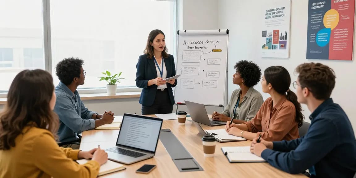advocacycoaching session with diverse group in office, discussing strategies and techniques