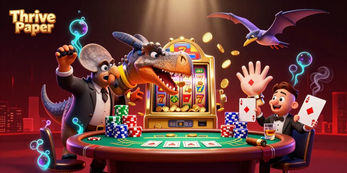 Thrive Paper showcases a vibrant casino scene with animated dinosaurs winning jackpots and flying coins.