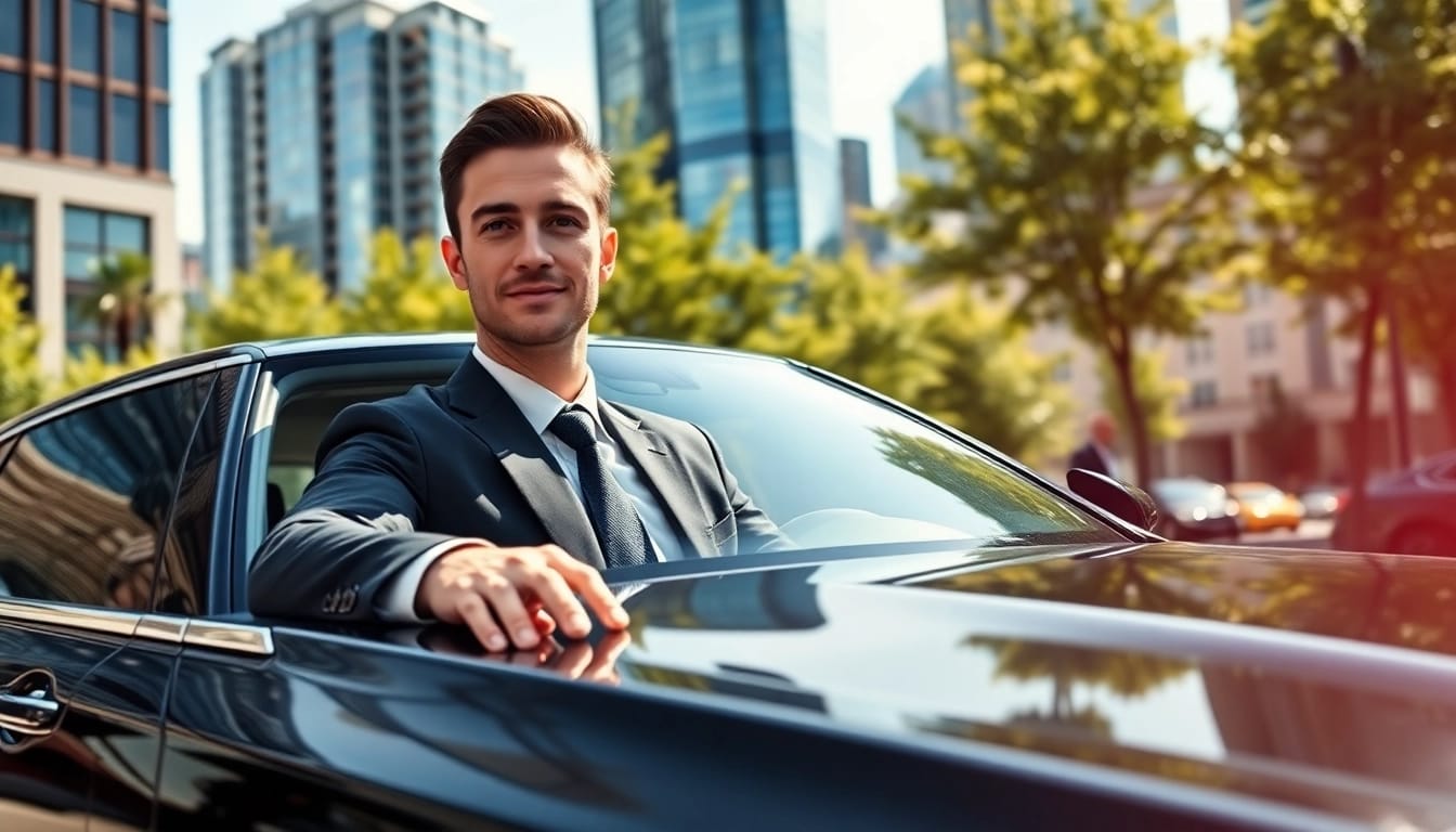 Chauffeur Vancouver providing a luxurious ride in a black sedan against the city skyline.