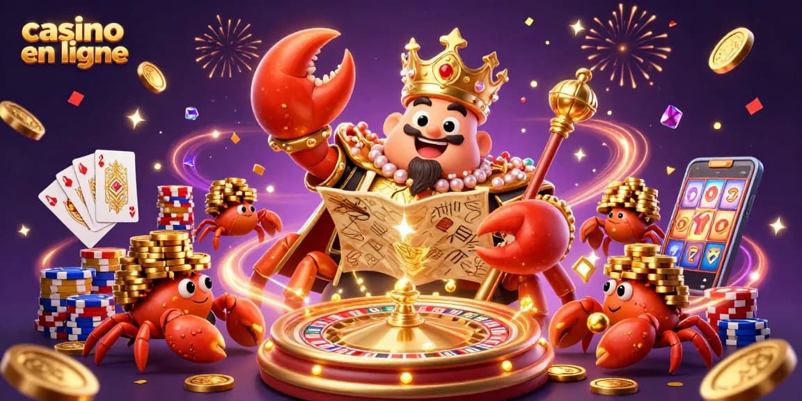 Illustrez le monde des jeux de casino en ligne avec un crabe doré majestueux et des éléments de jeu vibrants.