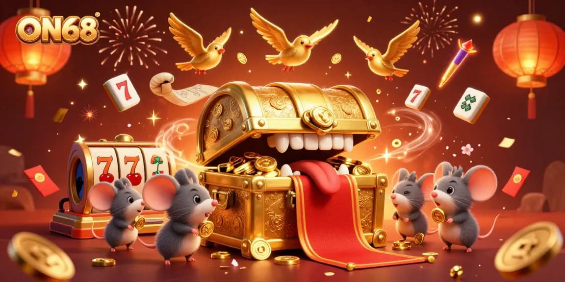 Engage in thrilling slot adventures at ON68 with a dynamic treasure chest scene.