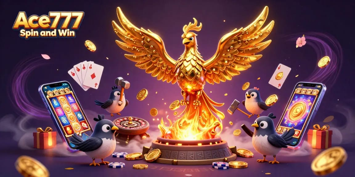 Ace777 Spin and Win showcases a molten phoenix and vibrant slot game elements amidst glowing coins.