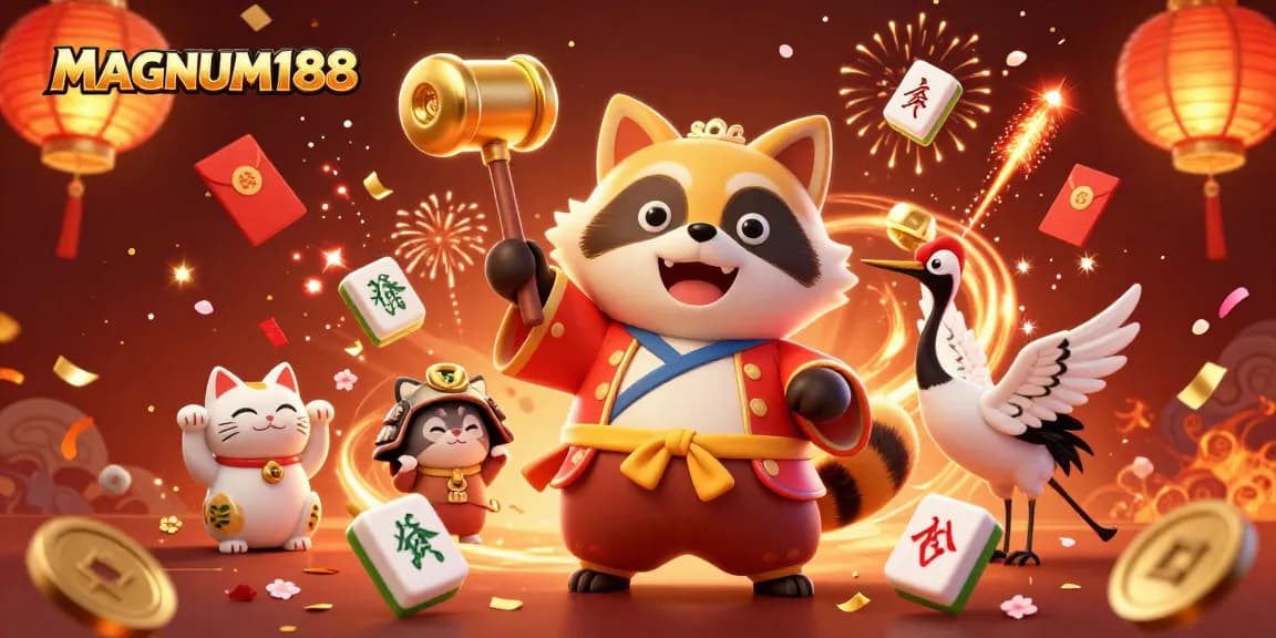 Experience the excitement of MAGNUM188 with a cheerful tanuki and festive elements in a vibrant casino scene.