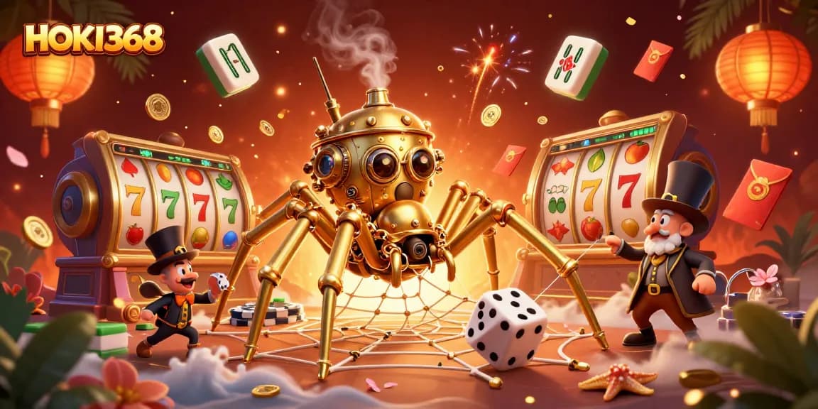 Engage with the vibrant world of HOKI368 featuring steampunk visuals, spinning slot reels, and festive gambling elements.