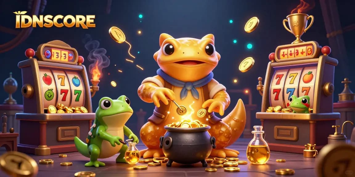 IDNSCORE showcases a vibrant scene of a golden salamander alchemist, slot elements, and gold coins in action.