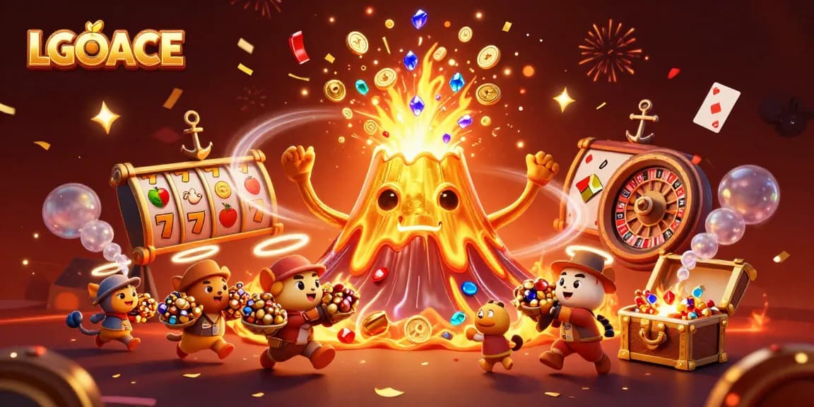 LGOACE showcases a thriving gambling atmosphere, with a golden volcano erupting coins amidst playful characters.