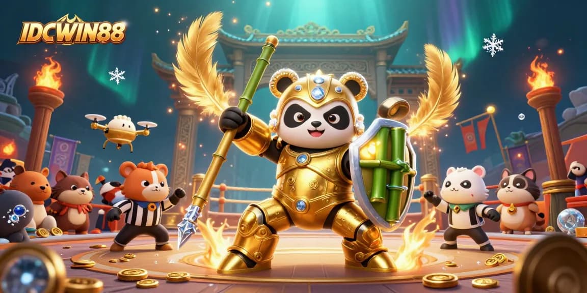 Experience thrilling gameplay at IDCWIN88 where a golden panda battles in an arena filled with excitement.