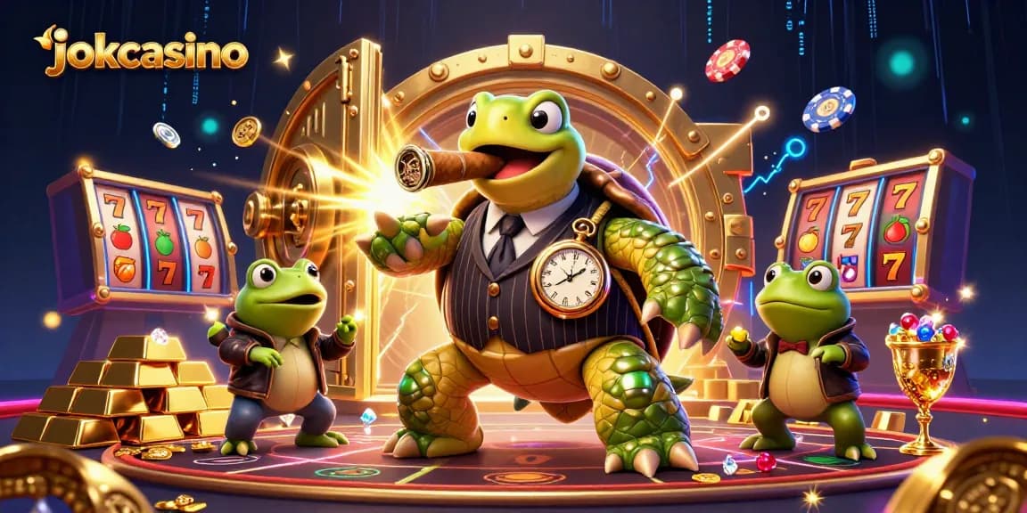 Join the gaming action at jokacasino with a vibrant, animated casino scene featuring characters and slot elements.