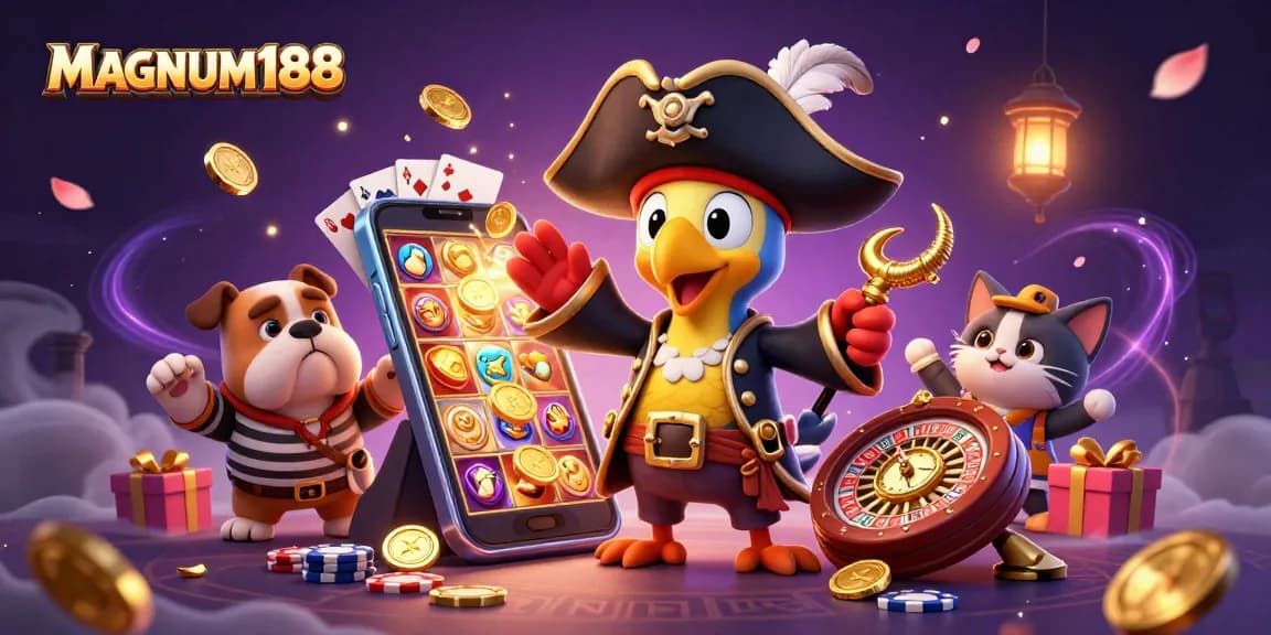 Experience MAGNUM188 with this vibrant scene filled with colorful slot games and engaging characters.