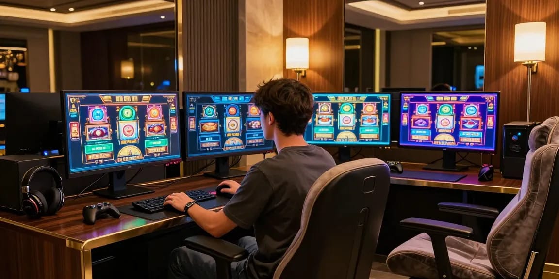 Pengalaman bermain LUXURY777 di ruang permainan mewah dengan monitor dan pencahayaan elegan.