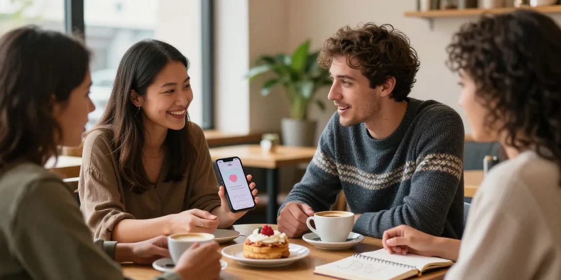 HundRoses app promoting genuine connections among singles in a cozy coffee shop setting.