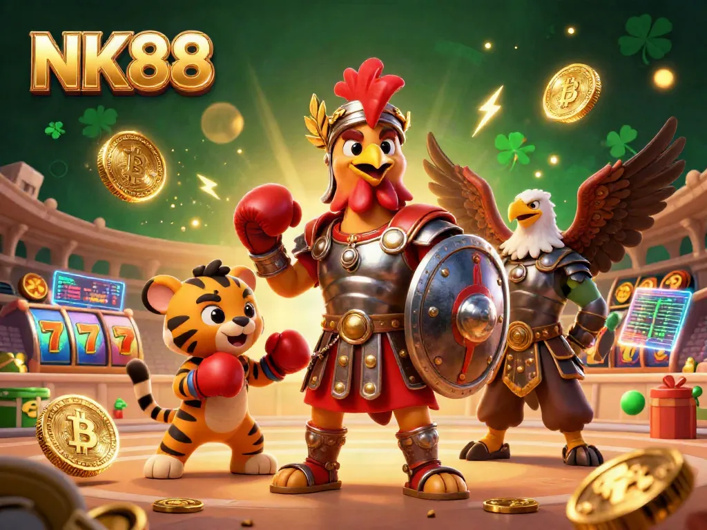 Spin with excitement at NK88 slots, featuring vibrant characters and neon casino elements.