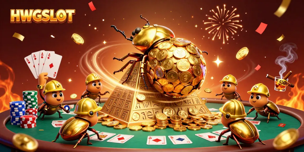 Experience the excitement of HWGSLOT with golden beetles rolling coins, celebrating online gaming.