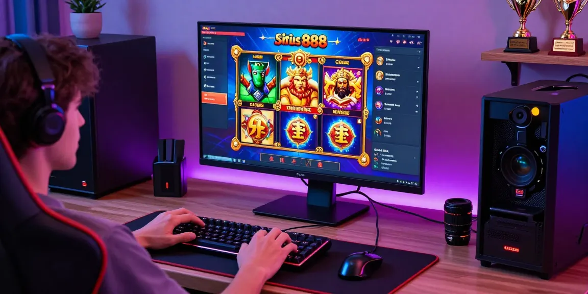 Engaged player enjoying situs 888 slot games with dynamic graphics and gaming accessories in a vibrant home office.