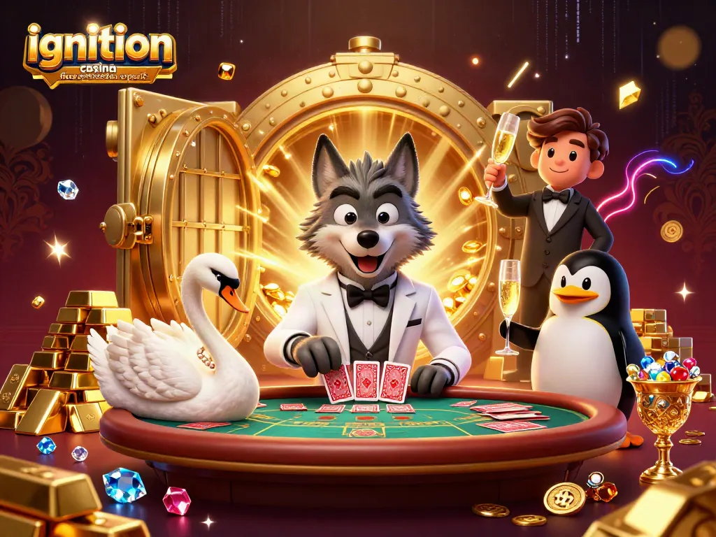 Engage with the ignition casino free spins code no deposit illustration featuring a debonair wolf at a baccarat table.