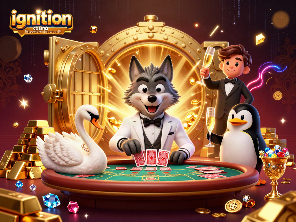 Engage with the ignition casino free spins code no deposit illustration featuring a debonair wolf at a baccarat table.