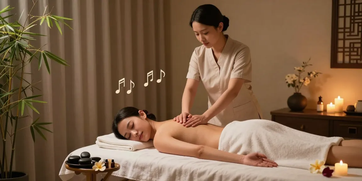 마사지 테라피스트가 아로마 마사지 중인 모습과 평화로운 스파 환경