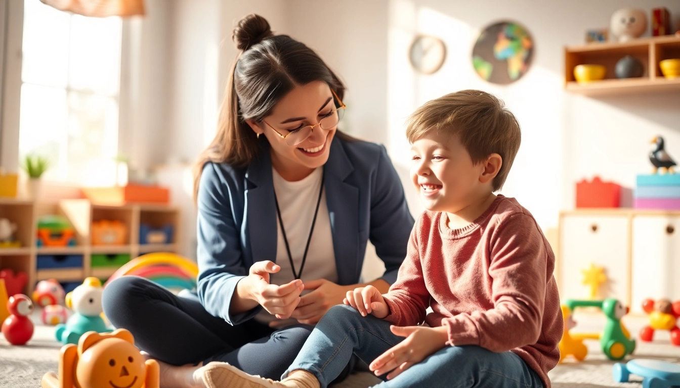 Child engaged in Autism Therapy session with a therapist in a colorful, supportive environment.