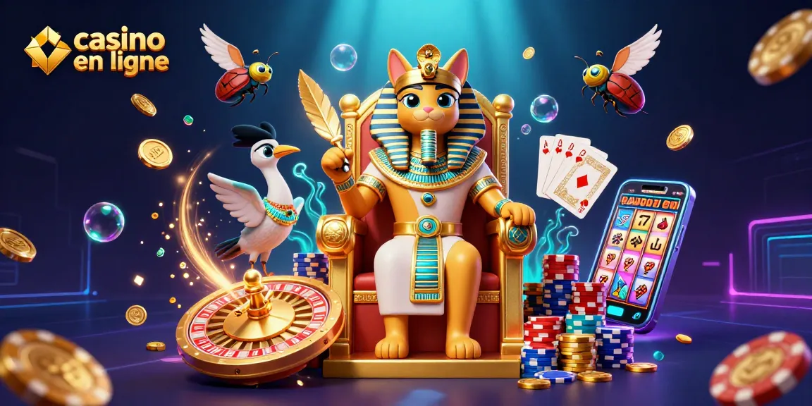 Jouez au casino en ligne dans un univers graphique captivant avec des pharaons et des jackpots scintillants.