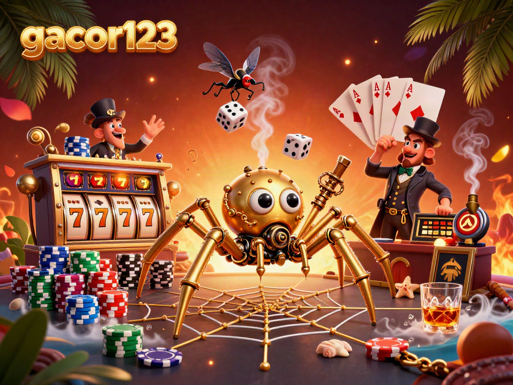 Engage with gacor123's thrilling world where a steampunk spider catches dice in a web of golden chains.