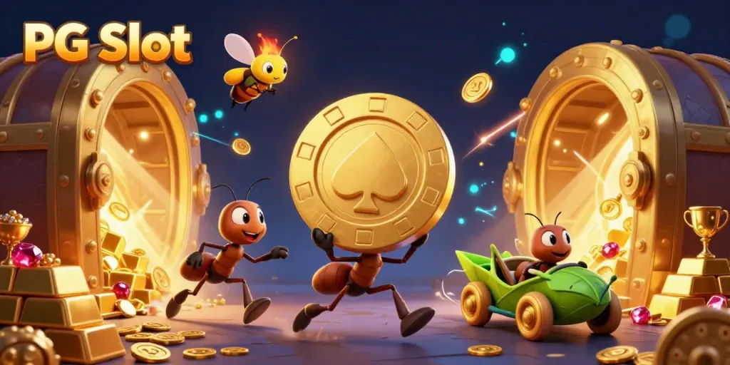 Bermain PG Slot sambil dikejar oleh semut 3D dalam ilustrasi cerah dan menarik.