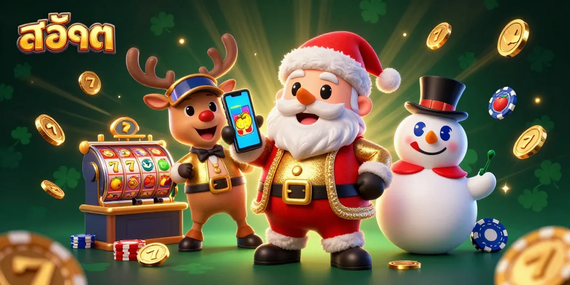 Spin and win with สล็อต in this vibrant casino-themed illustration featuring Santa and friends.
