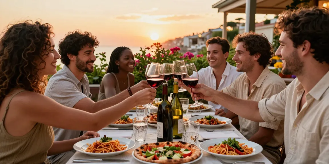 Friends enjoying lavowin-inspired Italian cuisine at a vibrant Naples restaurant under a sunset.