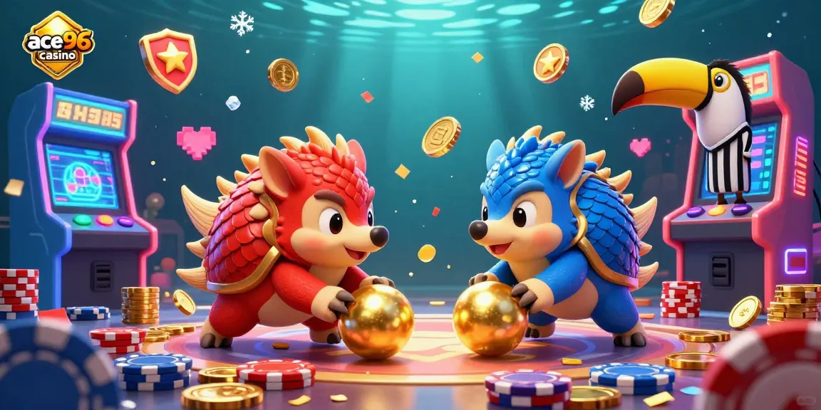 Engage with the vibrant ace96 casino scene featuring rival pangolins in action amidst colorful gaming joy.