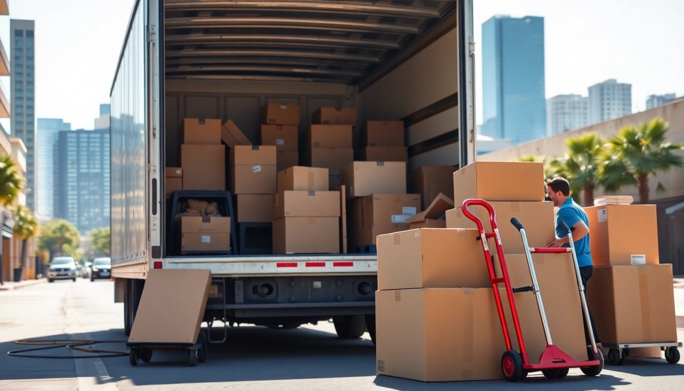 Efficient small apartment movers Phoenix transporting boxes and furniture in a vibrant urban setting.