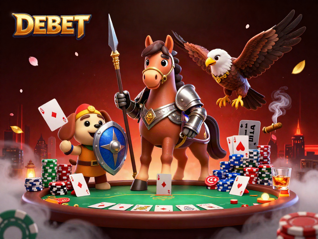 Experience DEBET's vibrant casino scene with knights, poker chips, and rich gaming elements.
