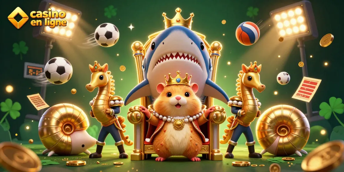 Illustration colorée d'un roi hamster sur un trône de dent de requin, casino en ligne et célébration sportive.