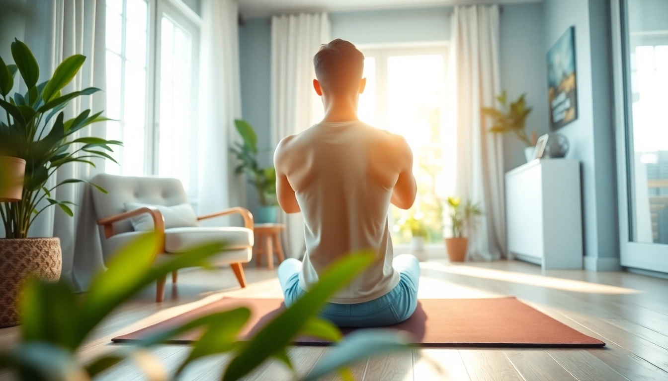 Practicing natural back pain solution through yoga in a serene, relaxed home setting.