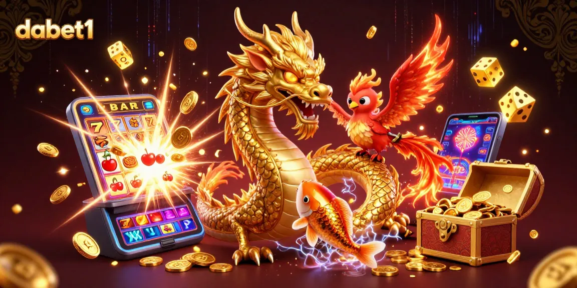 Experience thrilling wins with dabet1's spectacular casino scene featuring a dragon, phoenix, and koi fish amidst dazzling slots.