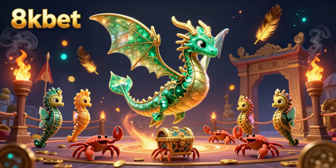Experience the dynamic casino world of 8kbet with a dragon, seahorses, and treasure amidst golden elements.