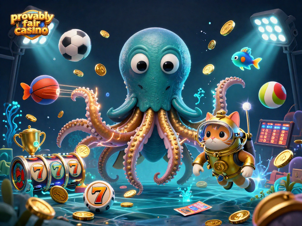 Join the adventure in this provably fair casino scene featuring a kraken and diving cat among dynamic gaming elements.