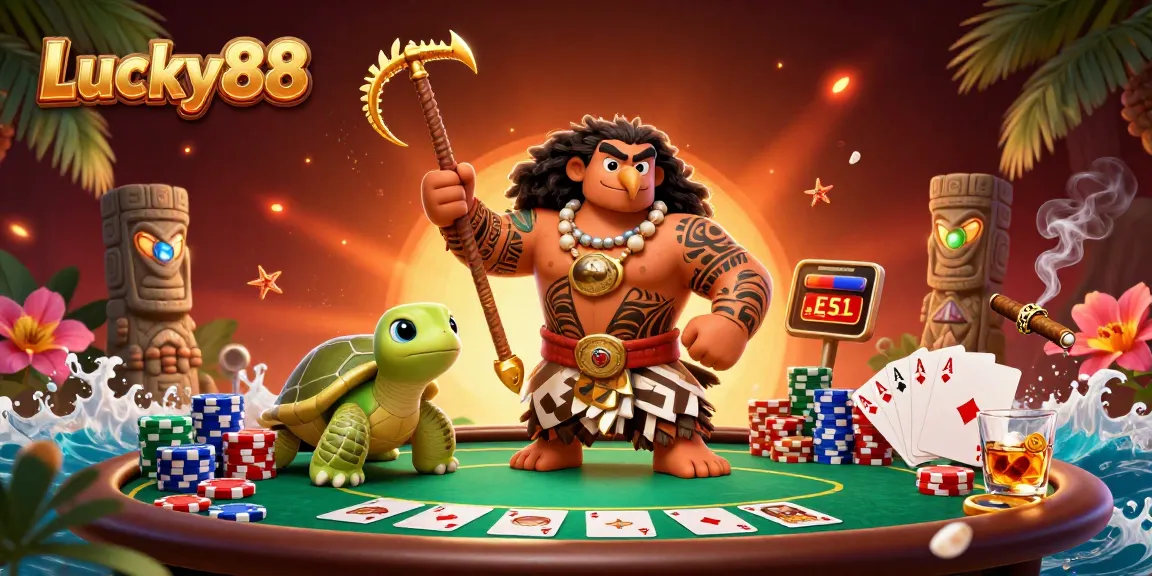 Experience thrilling poker action with Lucky88 featuring vibrant character illustrations and game elements.