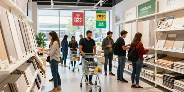 Shopsmart retail scene showcasing eco-friendly flooring products in a vibrant store.