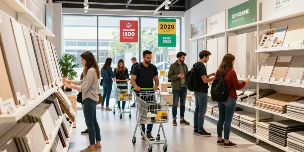 Shopsmart retail scene showcasing eco-friendly flooring products in a vibrant store.