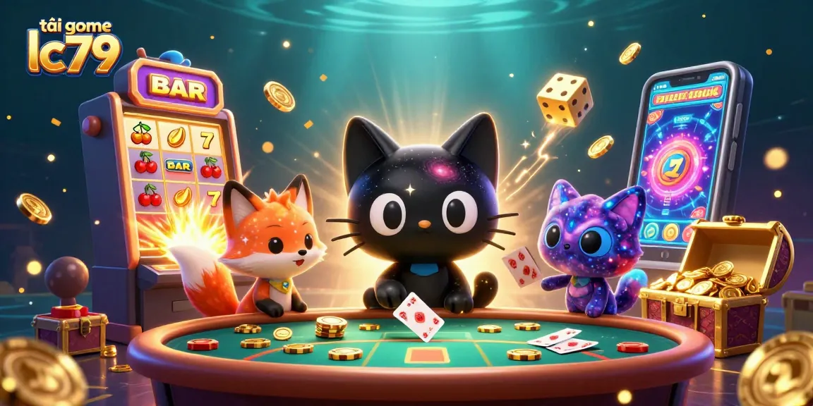 Tải game lc79 tại casino với các biểu tượng slot thú vị và vàng rơi ra.