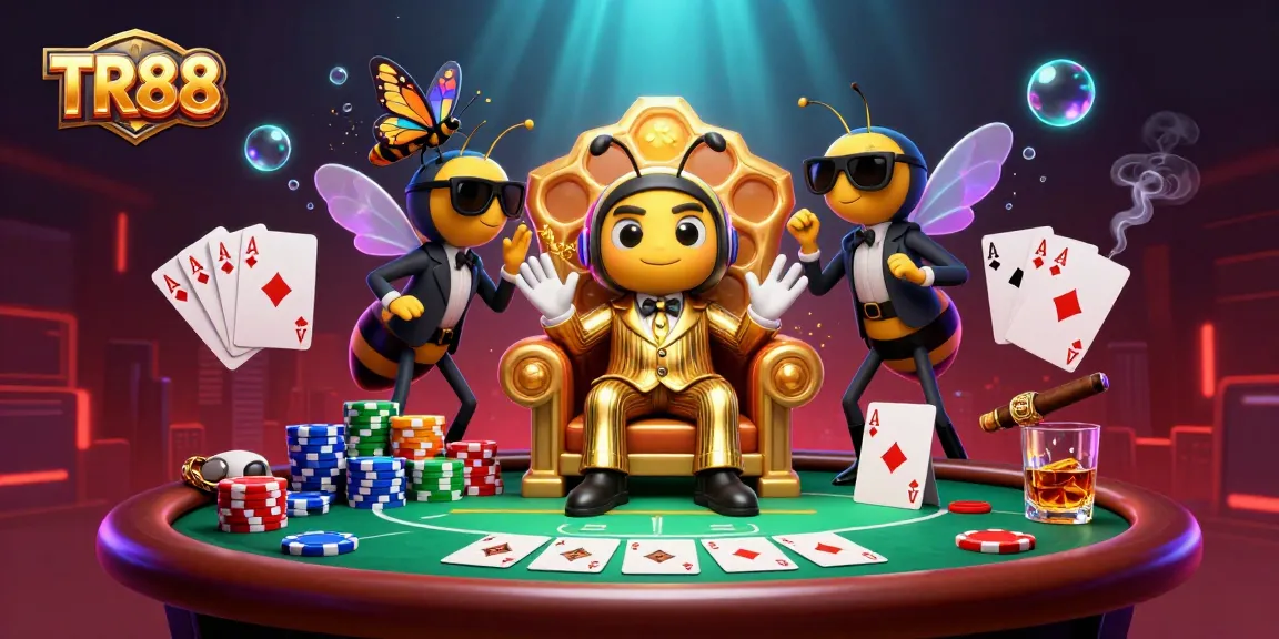 Experience thrilling poker action at TR88 with a lively bumblebee mob boss overseeing the game.