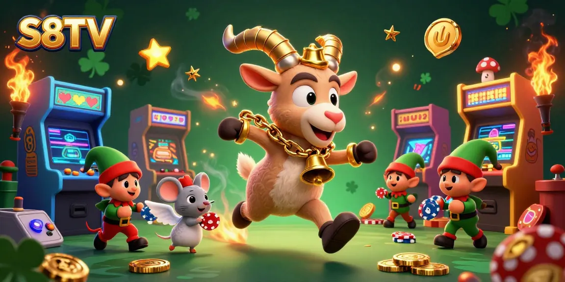 S8TV engages players in a vibrant casino scene with 3D Krampus and festive characters amid colorful gaming elements.