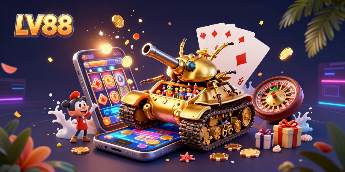 Spin to win at LV88 with an ultra-detailed 3D casino scene featuring a golden beetle tank!